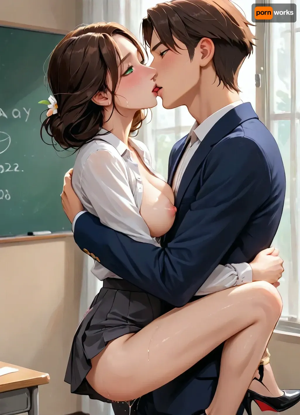 masterpiece, best quality, highly detailed, (anime:1.2), BREAK, (sideview, male college student is carrying female teacher in his arms, her arm around him as she is lying in his arms:1.4), ((a gorgeous 35 year old mature white female teacher being carried by a 20 year old male college student, she is held on her back in his arms, couple)), (she is French kissing and dry humping a male college student as he carries her in his arms:1.2), (natural D cup breasts, perfect nipples), wet shaved pussy, slim, athletic, gymnast body, (brown hair:1.1), (green eyes), (blushing), (she is wearing a black blazer, black pleated skirt, high heels, white blouse unbuttoned with her breasts exposed:1), (teacher is pregnant), (in a bedroom:1.2), <lora:Animated_Concept:1>