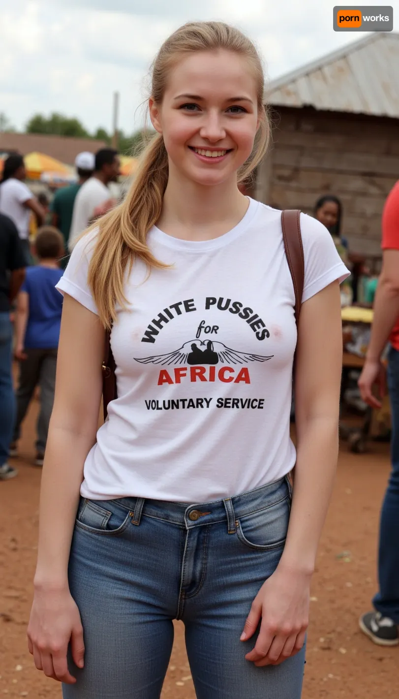 A 19 year old German woman, wearing jeans and t-shirt, smiling, blonde ponytail, is standing in a crowded African slum. Her t-shirt is printed with text "WHITE PUSSIES FOR AFRICA. VOLUNTARY SERVICE.".