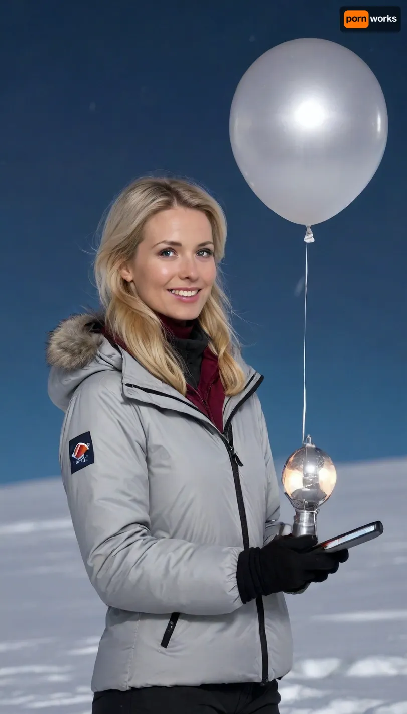 Arctic, Polar night, Polar Lights, Night. Weather station. attractive female meteorologist in her mid-30s, blonde hair, blue eyes, stands confidently at the edge of an icy arctic landscape, wearing an open insulated weatherproof clothing, including a hooded parka, tight waterproof pants, and sturdy boots, launching weather probes high into the polar night sky above, stunning aurora borealis swirling in the dark sky behind her, snow-covered mountains and glaciers visible in the distance, expressions of determination and excitement on her face as she monitors the probes' ascent via tablet device, strong facial features, high cheekbones, captivating gaze, soft smile, wind whipping her hair around her face, icy winds whipping against her weatherproof attire, cold but focused, flawless porcelain skin in sharp contrast to the harsh environment, bright reflective equipment and devices in her hands and attached to her clothing, high-quality photo with dramatic lighting and rich color detail, showcasing the magnificence of the arctic landscape and the professional and beautiful meteorologist amidst it all., (((launches a small silver weather baloon into the polar night sky))), polar night, aurora borealis visible. smiling, looking at the weather baloon. .