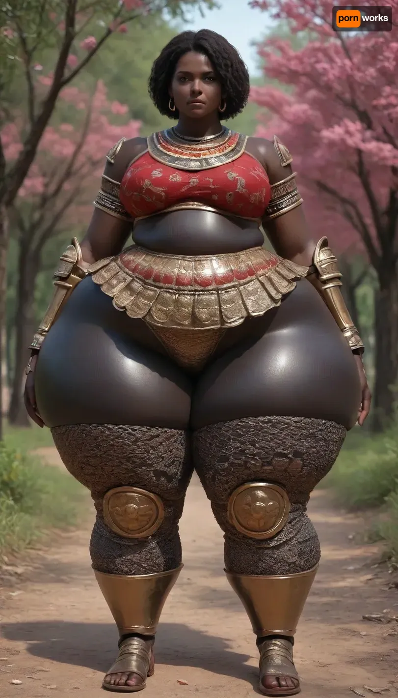 a fat heavy woman with a gigantic ass, (Hyper thighs:1.2), massive ass, hyper ass, (wide hips), thick thighs, chubby calves, chubby, brown hair, in a temple made of trees, cherry tree, (black skin color, african skin color, ebony skin, black skin, dark skin, black race, african race, kenya race), (wearing armor, armored skirt, chainmail leggings, pauldrons, greaves)