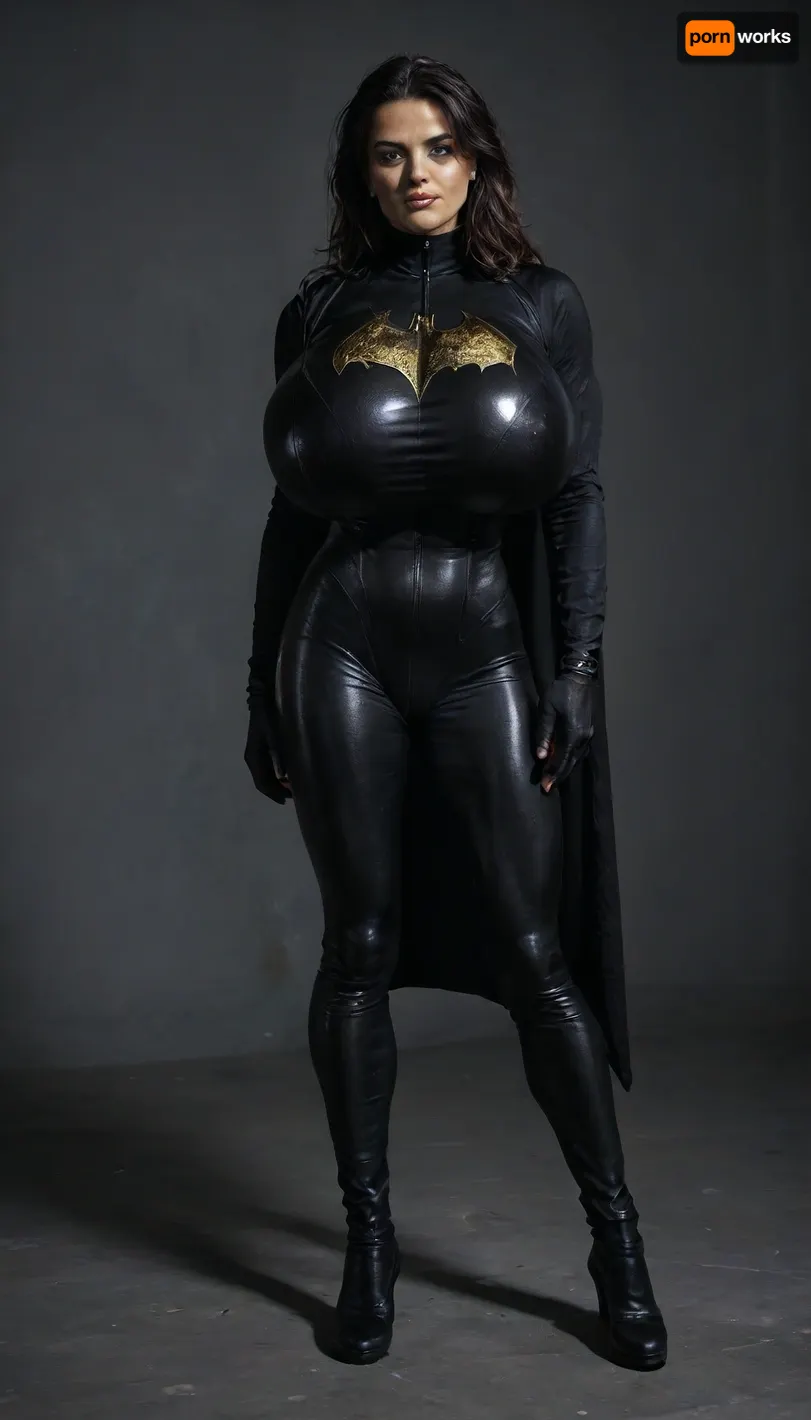 RAW image, Canon EOS R3, DSLR photo, 8k, best quality, (masterpiece:1.1), (realistic, photo-realistic:1.2), ultra high res, ((muscular), ((fit and muscular))), (gigantic breasts), (18 year old woman, (dark black hair), beautiful), ((toned shiny sexy batman, ((full-body catsuit)))), black cape, (shiny catsuit), (ultra-thin catsuit material), (black military boots), ((black utility belt with yellow bat symbol)), dark room, black walls, standing, high contrast, <lora:BUT_SDXL_SHS:.6>, <lora:add-detail-xl:.6>, <lora:DetailedEyes_V3:.5>, <lora:dark:.3>, muscle_bimbo, <lora:Muscle_Bimbo_SDXL:.8>
