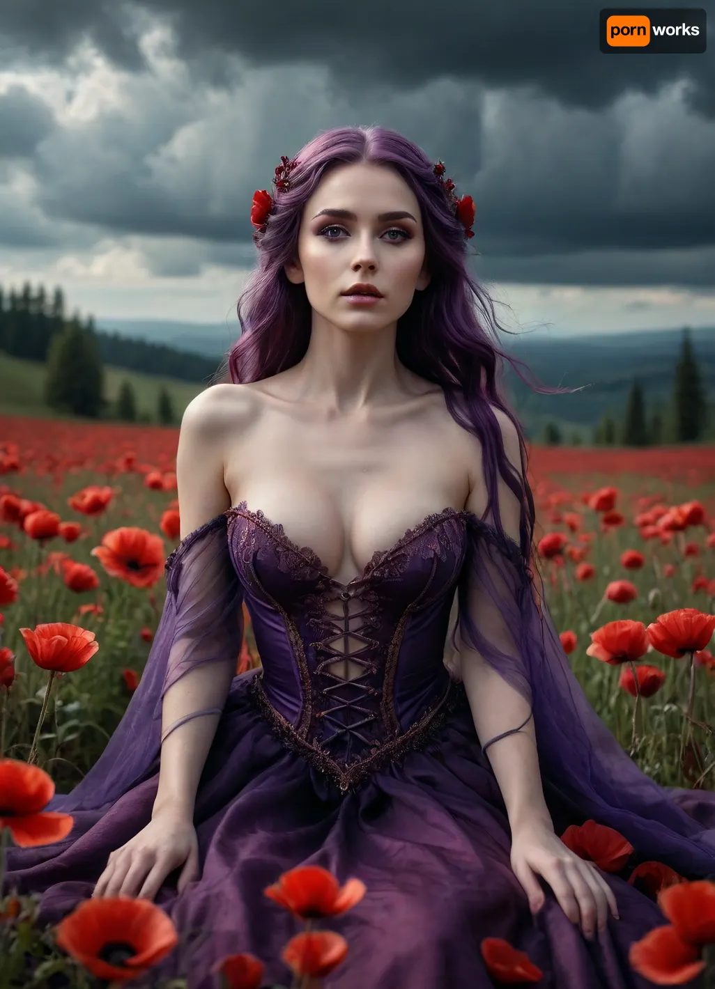 fantasy dystopia, dark ethereal aesthetic, an elven woman with long flowing purple hair, opulent regal attire, revealing and luxurious gown with intricate details, lying seductively on a field of blood-red poppies, aerial view from above the clouds, cinematic composition, soft lighting with ominous shadows, death symbolism, dark fantasy atmosphere, pale skin, glowing eyes, delicate yet powerful presence, surrounding forest with twisted trees, dramatic sky with stormy clouds, high detail, moody and atmospheric, ass, up, wait, masturbation, fingering, female_masturbation, grabbing_own_breast, <lora:288407_training_data:.8>