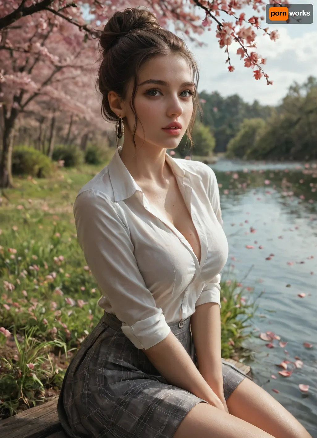 score_9, score_8_up, score_7_up, breasts, 1girl, sitting, skirt, earrings, cleavage, jewelry, cherry_blossoms, outdoors, grass, looking_at_viewer, shirt, grey_skirt, tree, parted_lips, blurry, hair_bun, lips, black_hair, single_hair_bun, solo_focus, large_breasts, river, blurry_background, day, brown_hair, brown_eyes, petals, arm_support, animal_print
