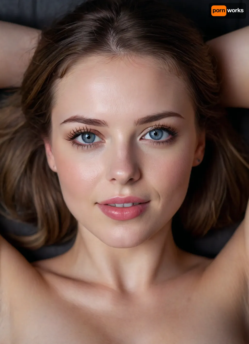 very very close up, various angles, head shot, A beautiful english woman lying down on her back illuminated against a plain dark background. Front lit, diffused background light, Glowing, shining, pale skin, oily skin, hard light, hourglass figure, perfect face, perfect mouth, perfect blue eyes, Brunette, Light brown hair, Bangs, hair behind, full of emotion, happy, mischievous smile, sensual, licking lips, tongue out, ready to suck cock, eyes half closed