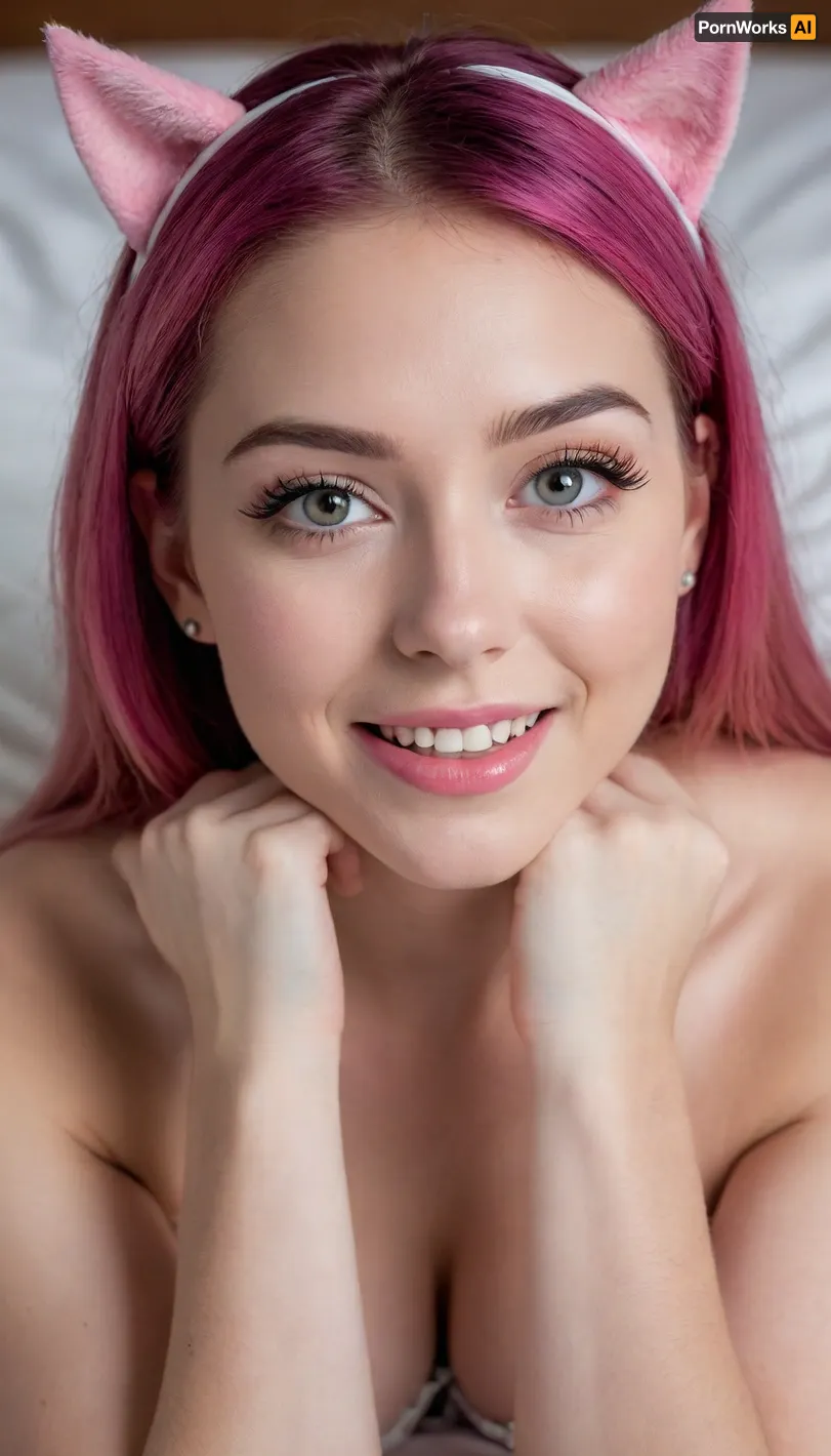 (adorable girlfriend, relaxing, face down in bed:1.8), (avant-garde snapshot esthetic, cinematic lighting, medium shot, sharp focus:1.5), (masterpiece, best quality, 8k, RAW photography, award-winning), (hyper feminine features:1.4), (charismatic woman:1.4), (short cut hair, vibrant pink hair with dark highlights, hair cut in textured layers:1.4), (spunky attitude, feisty attitude, high energy, feline energy), (girlfriend material, girlfriend experience), (pink cat ears, uwu smile, grinning like a cat:1.6), (intricate eye details, vivid eyes, stunning eyes:1.4), (long delicate eyelashes, subtle natural look makeup:1.4), (shallow depth of field, professional color grading:1.6), (softly blurred background:1.3), (natural skin texture, realistic skin details:1.5), (intricately detailed hair, natural hair texture:1.5), (expressive eyes, limbal ring, detailed iris texture, realistic eye texture:1.5), (subtle vellus hairs, subtle freckles, subtle skin imperfections:.4), ziprealism