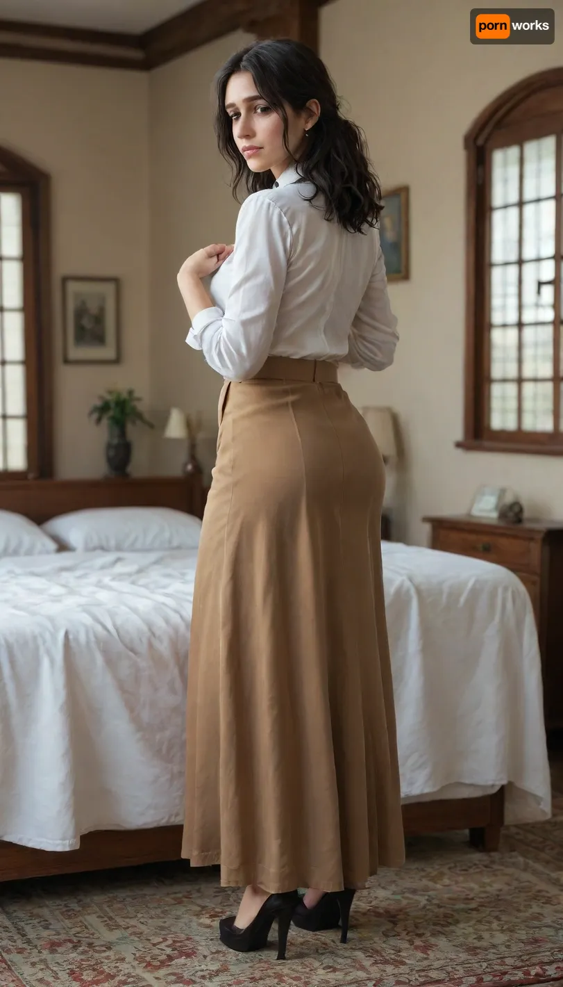 pieck finger from attack on titan, luxury bedroom, wolfcut, dark hair, clear eyes, tired eyes, white shirt, long skirt, brown pleated skirt, exessive cum on skirt, conservative clothes, ultra tight waist, arch back, large hips, bulging ass, brown platform heels, hdr, no blur, back view