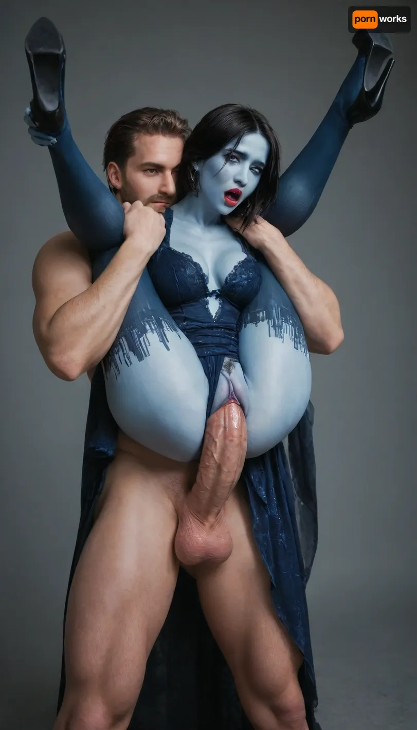 Cortana from halo, blue skin, elegant, beautiful, exquisite long dress, pink ass, shows pussy, panties, vaginal standing sex, orgasm, moaning, side and front view, huge, gigantic white cock, giant cock, woman standing on one leg, the other leg is raised and bent at the knee, full body view, high heels, cock in pussy, red lipstick, red lipstick on penis, lipstick marks on penis, extreme cock, full nelson