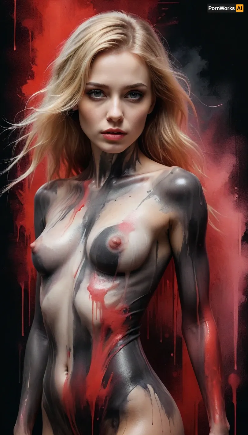 8k, RGB, HDR, oil paints, watercolors, bright saturated colors, Anna Razumovskaya, Jarek Kubicki, Aleksi Brilo, Darek Zabrotsky, Sakimichan, Loisch, Aminola Rezai, photo RAW, black, dark red, (full body:1.4), Mixed media collage., beautiful face. Calligraphy, gouache wash, pen sketch, thin lines, vintage illustration style. Black, white, coral pink, red, blonde hair, beautiful patterns, ral-melting, <lora:ral-melting-sdxl:.5>