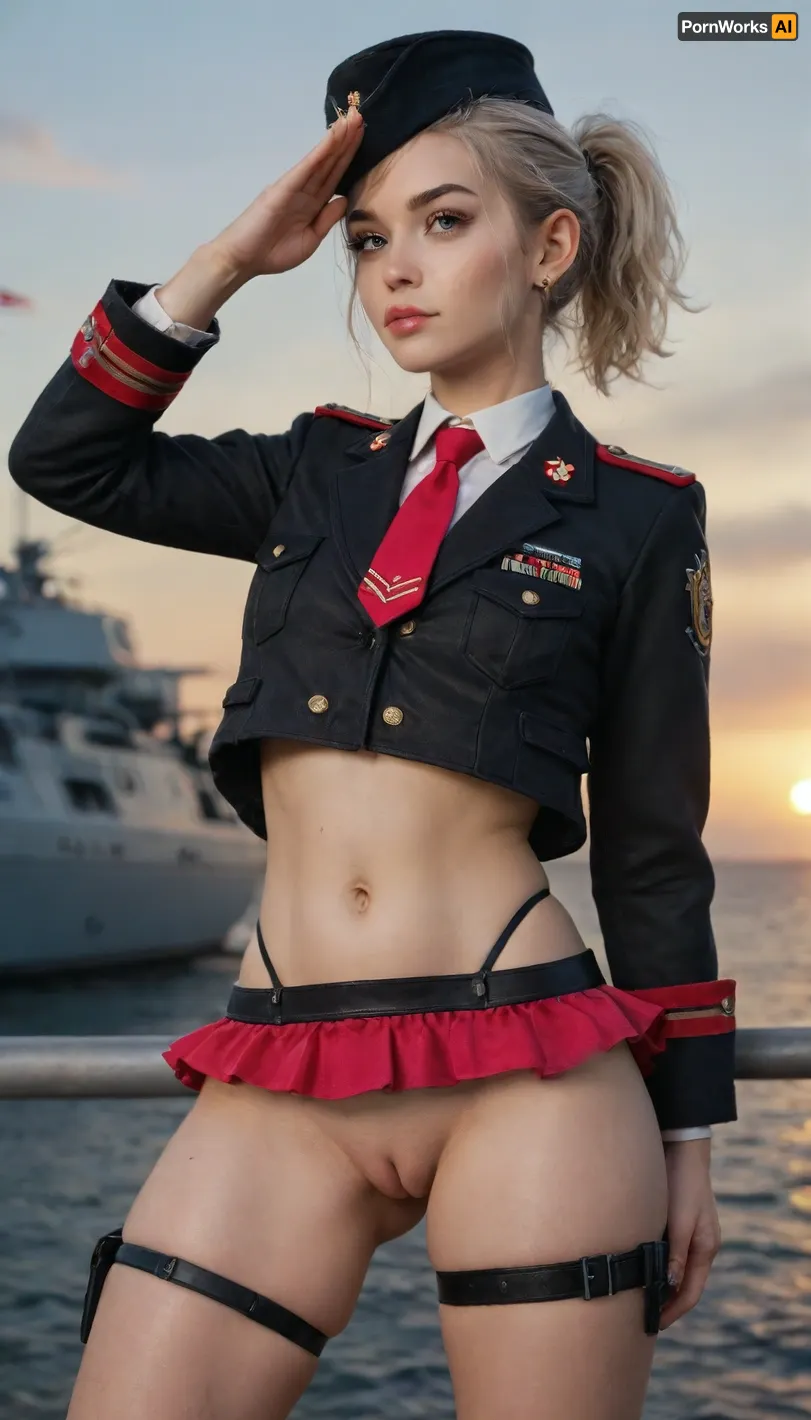 (UHD:3), perfect bright lighting, gorgeous 18yo ukranian girl, very high ponytail, short ponytail, platinum blonde hair, serious expression, stunning eyes, long thick eyelashes, pink lips, small necktie, (pink and black multicoloured microbikini), small black leather jacket, tight stomach, (g string), (tiny black microskirt), visible pussy, (innie pussy:2), sexy legs, (very strict salute pose:1.4), (one arm behind back), legs spread, standing, thigh strap, on a battle ship, ocean view