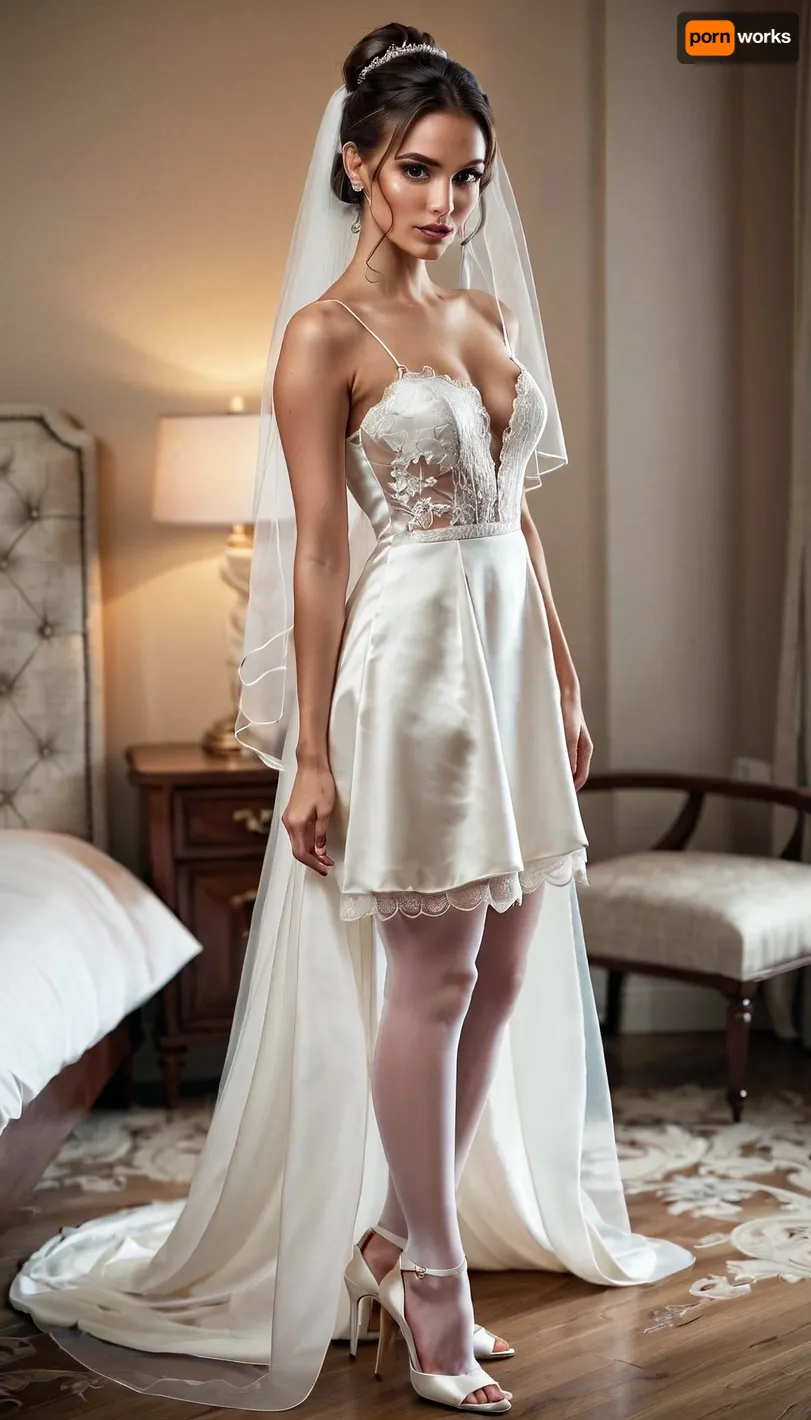 Full body photo of a young bride, beautiful face, wearing a white satin wedding dress, veil, gloves, lace, loose satin, delicate fabric, white stockings, high heels, dark brown hair, straight hair, slender body, slim arms, looking at viewer, seductive pose, bedroom background, realistic, realism, realistic skin, dimples, brown ponytail, beautiful hair, mega, ponytail, big, hair, <lora:xl_mega_ponytail-1.0:.5>