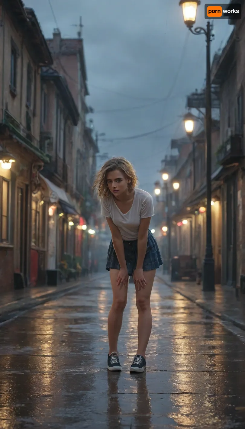 1girl, short blond hair, bue piercing blue eyes, (bent over), (mini skirt 1.5), raindrops splashing around her, intense focus, (stormy evening), (gusts of wind), de_train map, (((raindrops in the air 1.4))), flickering street lamps, puddles reflecting dim light, distant thunder, industrial shadows, gritty atmosphere, ultra-detailed
