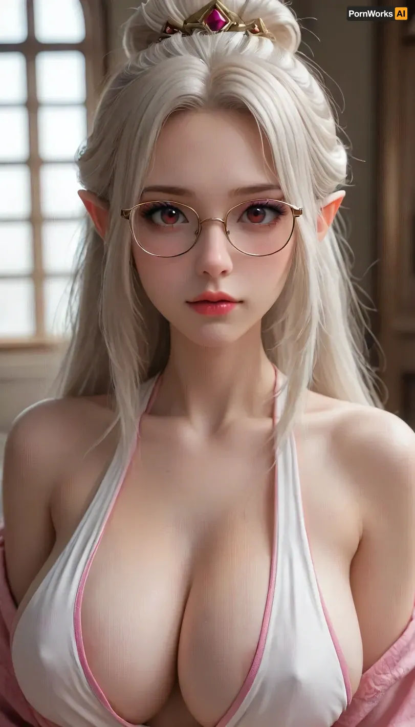 the legend of zelda, purah, 1girl, breasts, cleavage, eyeshadow, female focus, glasses, huge breasts, long hair, looking at viewer, makeup, red eyes, sideboob, solo, updo, upper body, white hair, areola slip, pink areola