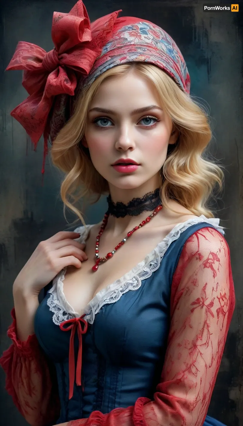 8k, RGB, HDR, oil paints, watercolors, bright saturated colors, Anna Razumovskaya, Jarek Kubicki, Aleksi Brilo, Darek Zabrotsky, Sakimichan, Loisch, Aminola Rezai, photo RAW, black, dark red, Mixed media collage., beautiful face. Calligraphy, gouache wash, pen sketch, thin lines, vintage illustration style. Black, white, coral pink, red, blonde hair, beautiful patterns, ral-melting, whdbd, blue, dress, jewelry, necklace, bonnet, long, sleeves, bow, lace, trim, frills, pantyhose, <lora:ral-melting-sdxl:.5>, <lora:whdbd XL:.9>