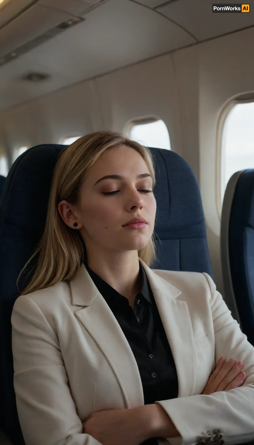 (masterpiece, best quality, photorealistic, highres), peaceful scene inside a modern airplane cabin, a young blonde woman around 18 years old with long straight light blonde hair partially tucked behind her ear, wearing a white jacket and black inner shirt, sitting by the window with arms folded across her chest, eyes closed, calm and relaxed expression, subtle natural makeup, soft pink lips, wearing a small earbud in her ear, relaxed sleeping posture, several other passengers seated nearby also resting or sleeping, background shows rounded aircraft windows with soft bright daylight illuminating the cabin, dark cushioned passenger seats, simple grey and white interior design, clear overhead bins, realistic cabin lighting, natural skin textures, soft shadows on the face and jacket, ultra-detailed fabric rendering, cinematic natural light balance, subtle reflections on surfaces, <lora:add-detail-xl:.8>, <lora:MaybeBetterFaceInFullBodyLora_XL_rev3:.8>