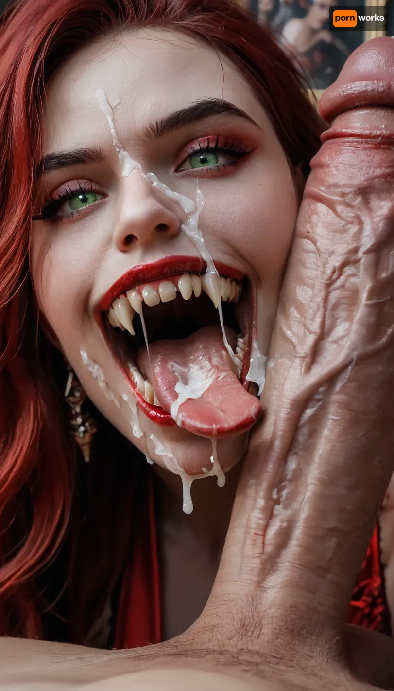 beautiful 18 year old romanian vampire biting a cock, close up, red satin bra and red satin gown, long wavy black tousled hair with red high lights, (8k, RAW photo, best quality, masterpiece:1.4), perfect green eyes, (vampire fangs), ((big fangs bitong in to cock)), seductive look, full body body visible, view from side, looking at wiver, cum in mouth, cum on face, facial, ((a very very long forked tongue wraps around the cock))