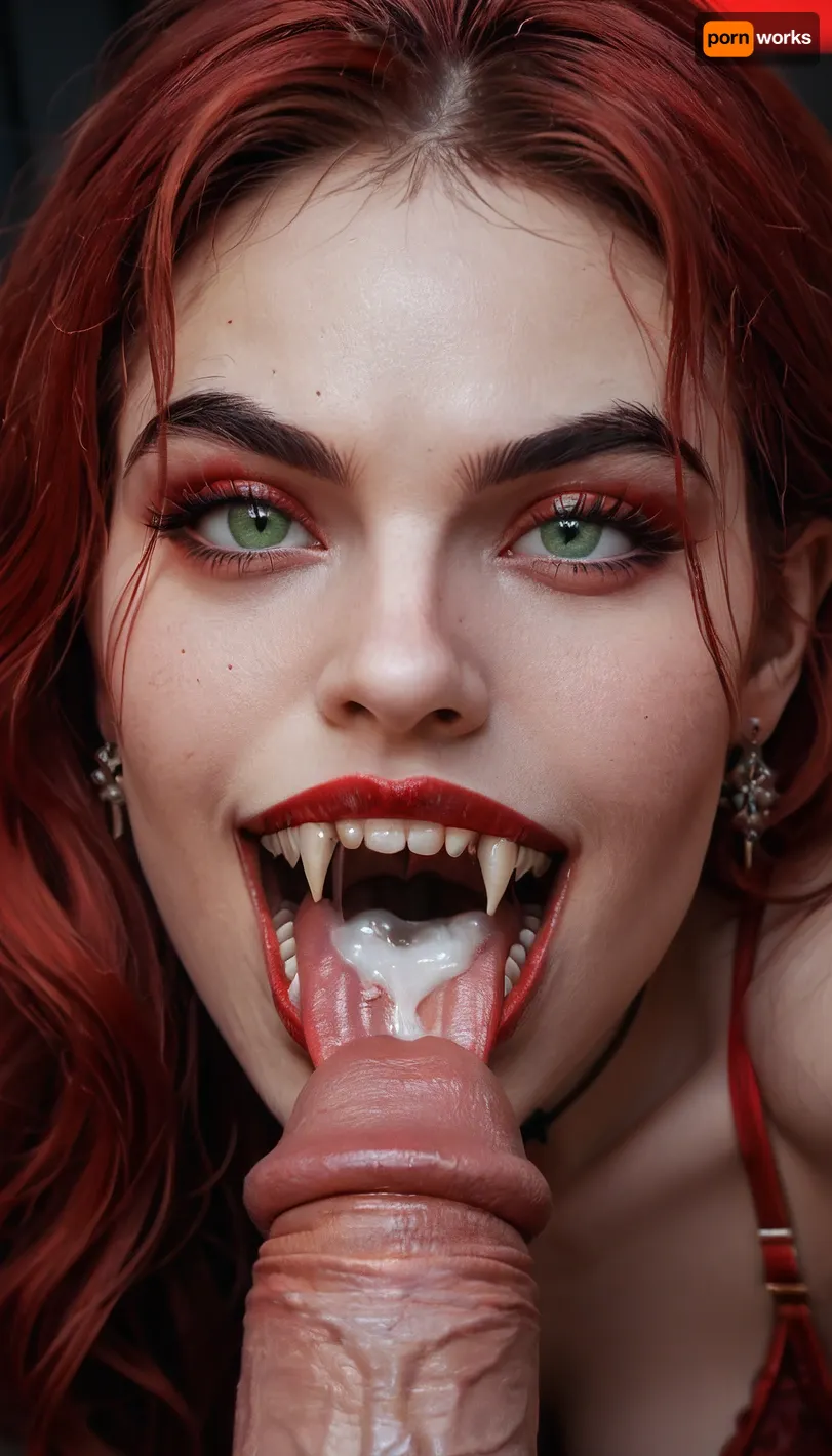 beautiful 18 year old romanian vampire biting a cock, close up, red satin bra and red satin gown, long wavy black tousled hair with red high lights, (8k, RAW photo, best quality, masterpiece:1.4), perfect green eyes, (vampire fangs), ((big fangs bitong in to cock)), seductive look, full body body visible, view from side, looking at wiver, cum in mouth, cum on face, facial, ((a very very long forked tongue wraps around the cock))