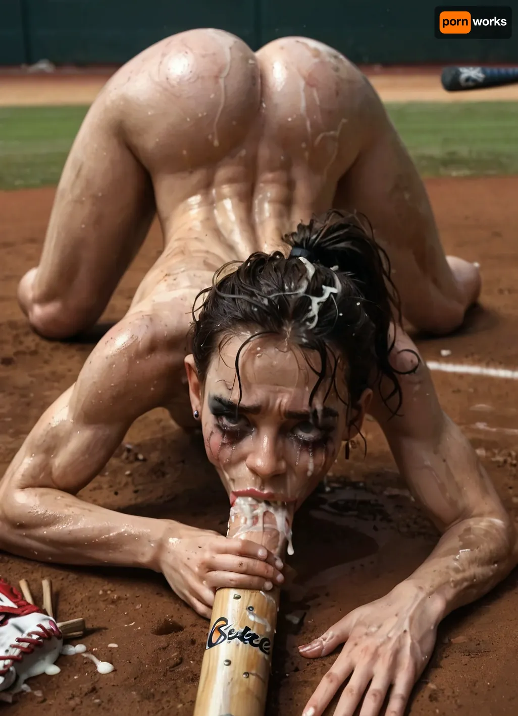 Lies naked on the ground, trained body, muscular, skinny, small body, short blond hair, ponytail. Head on the ground, messy makeup, very wet, oily hair, messy hair, submissive attitude, ass up, in her ass sticks a baseball racket the racket is painful in her ass, baseball racked . baseball bat in the ass, anal, solo, wet holes, She looks embarrassed and sad with a smile on her face, See, the, home, page, parameter, description, for, details, running, makeup, cum, dribble, from, tongue, facial, tears, in, mouth, on, face, chin, nose, lip, forehead, lipstick, smear, crying, gagged, gagging, erection, deepthroat, gag, hand, another's, head, half-closed, eyes, closed, oral, invitation, after, fellatio, <lora:肮脏环境-XL:.8>