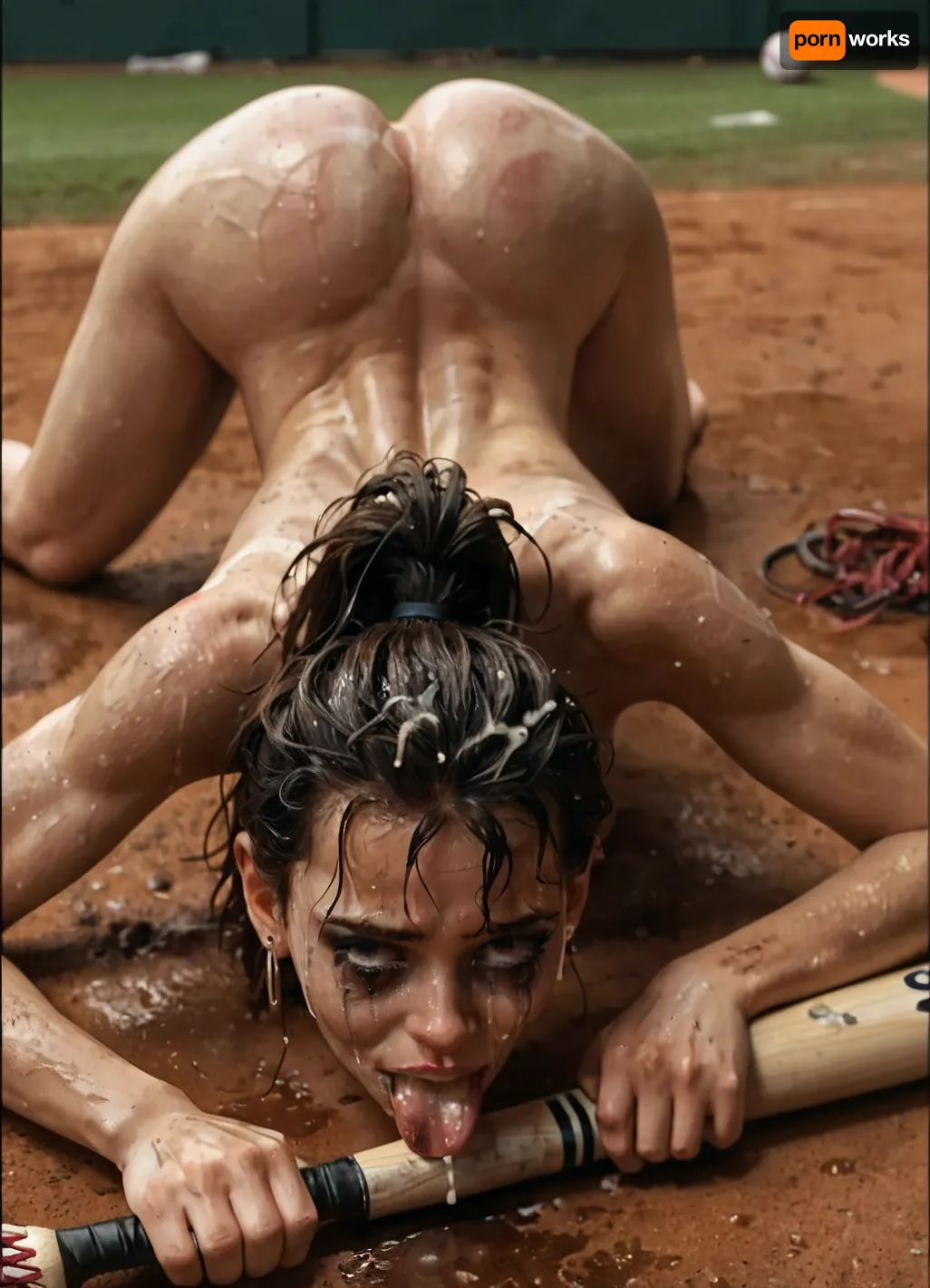 Lies naked on the ground, trained body, muscular, skinny, small body, short blond hair, ponytail. Head on the ground, messy makeup, very wet, oily hair, messy hair, submissive attitude, ass up, in her ass sticks a baseball racket the racket is painful in her ass, baseball racked . baseball bat in the ass, anal, solo, wet holes, She looks embarrassed and sad with a smile on her face, See, the, home, page, parameter, description, for, details, running, makeup, cum, dribble, from, tongue, facial, tears, in, mouth, on, face, chin, nose, lip, forehead, lipstick, smear, crying, gagged, gagging, erection, deepthroat, gag, hand, another's, head, half-closed, eyes, closed, oral, invitation, after, fellatio, <lora:肮脏环境-XL:.8>