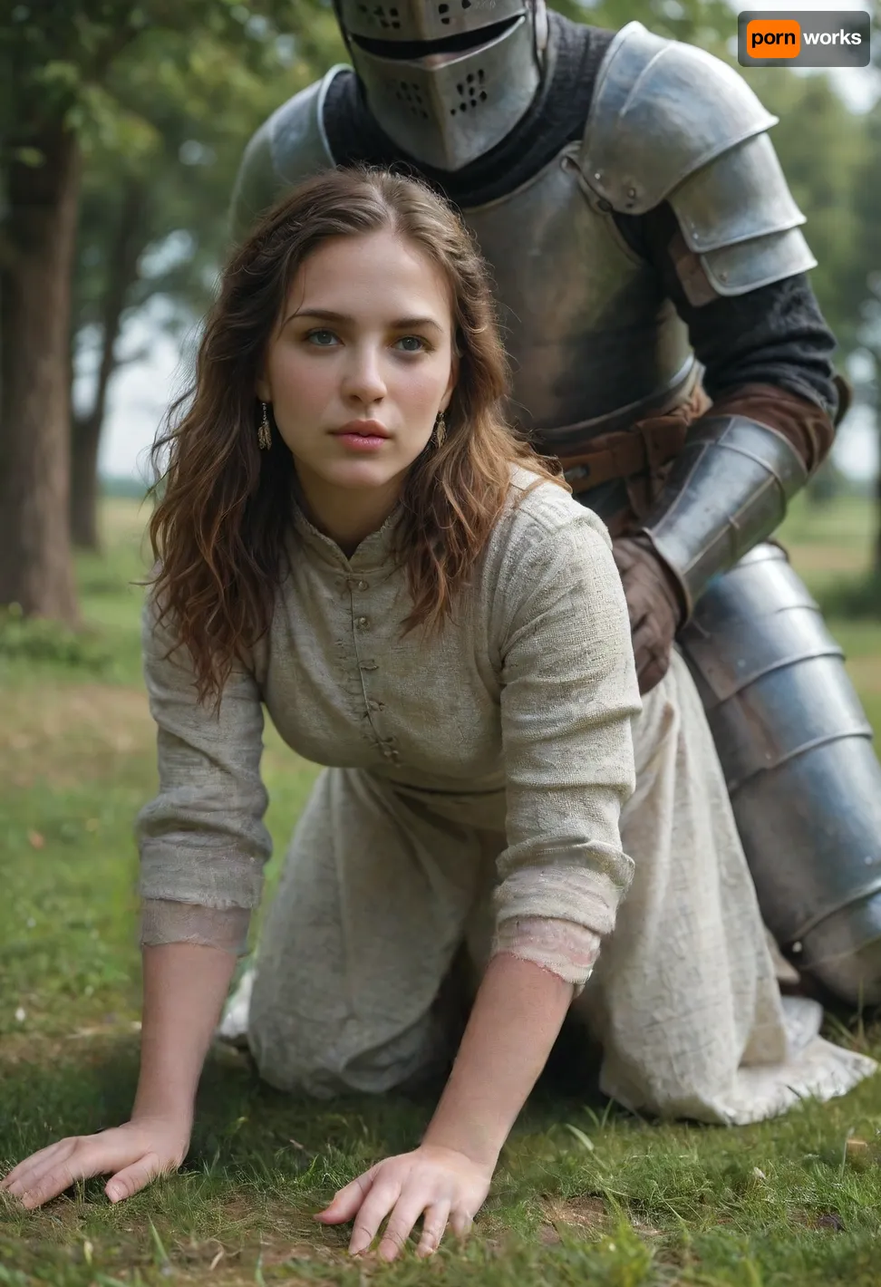 Erotic scifi scene. Hyper realistic, (male medieval knight in armour), doggystyle fucking, (a poor country girl in simple rough clothes), outdoor, field