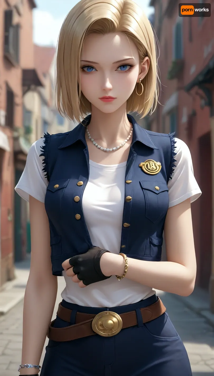 Android 18 from dragon ball z, in 3D art style, DB_Android_18, a, woman, jewelry, blond, hair, earrings, blue, eyes, belt, necklace, skirt, black, fingerless, gloves, white, shirt, vest, hoop, short, sleeves, bracelet, pearl, buckle, <lora:DB_Android_18_V1:.8>