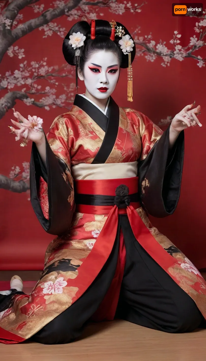 Goth traditional kabuki theater actress in edo period japan, (19th century), intricate red and black kabuki stage makeup, whiteface, red lips, black lipstick line, black eyebrows, white facial powder, small eyes, exaggerated white cheeks, elaborate wig styled in a high bun adorned with cherry blossom petals, red and black kabuki costume, wide red sash belt, red and black kimono, gold embroidery, black pants underneath, detailed wood grain kabuki theater background, ornate stage set with cherry blossom tree, red curtains, japanese fans, theatrical pose, dramatic gaze, holding a fan, intricate patterns, bold colors, highly detailed, cinematic lighting, vibrant colors, realistic textures, high-resolution image, sumptuous fabrics, grandiose performance attire, traditional kabuki theater atmosphere, historical accuracy. uncovered pussy, (((sitting with legs wide spread))), golden dragon licking her pussy, moving her skirt to side, to reveal pussy