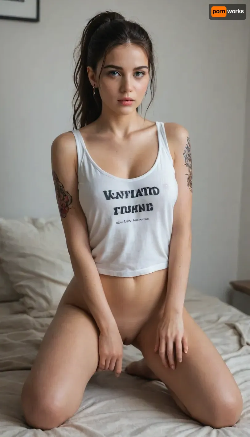 beautifull slim fit russian woman, 19years old, ponytail black hair, extremely loose oversized tank top, large neckline with uncovered, busty, (40J cups:1.3), eyeliner, full body view, full body tattoos, many tattoos, accurate eyes, realistic detailed eyes, realistic skin texture, high quality, photorealistic, extremely detailed, high resolution, high resolution face, high resolution eyes