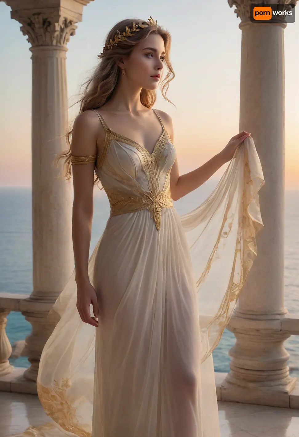 A radiant Muse standing at the edge of a marble balcony overlooking the dawn-lit sea. She wears a flowing, semi-transparent gown that glows softly in the morning light, her hair gently lifted by the breeze. Golden laurel leaves adorn her head, and in her hands she holds a glowing lyre or a scroll of divine inspiration. Around her, faint ethereal lights swirl like invisible muses of her own. Her eyes are calm, wise, and full of creativity. The architecture is ancient and elegant — like a temple in the sky. Soft pastel tones, cinematic lighting, fantasy realism, serene and divine mood