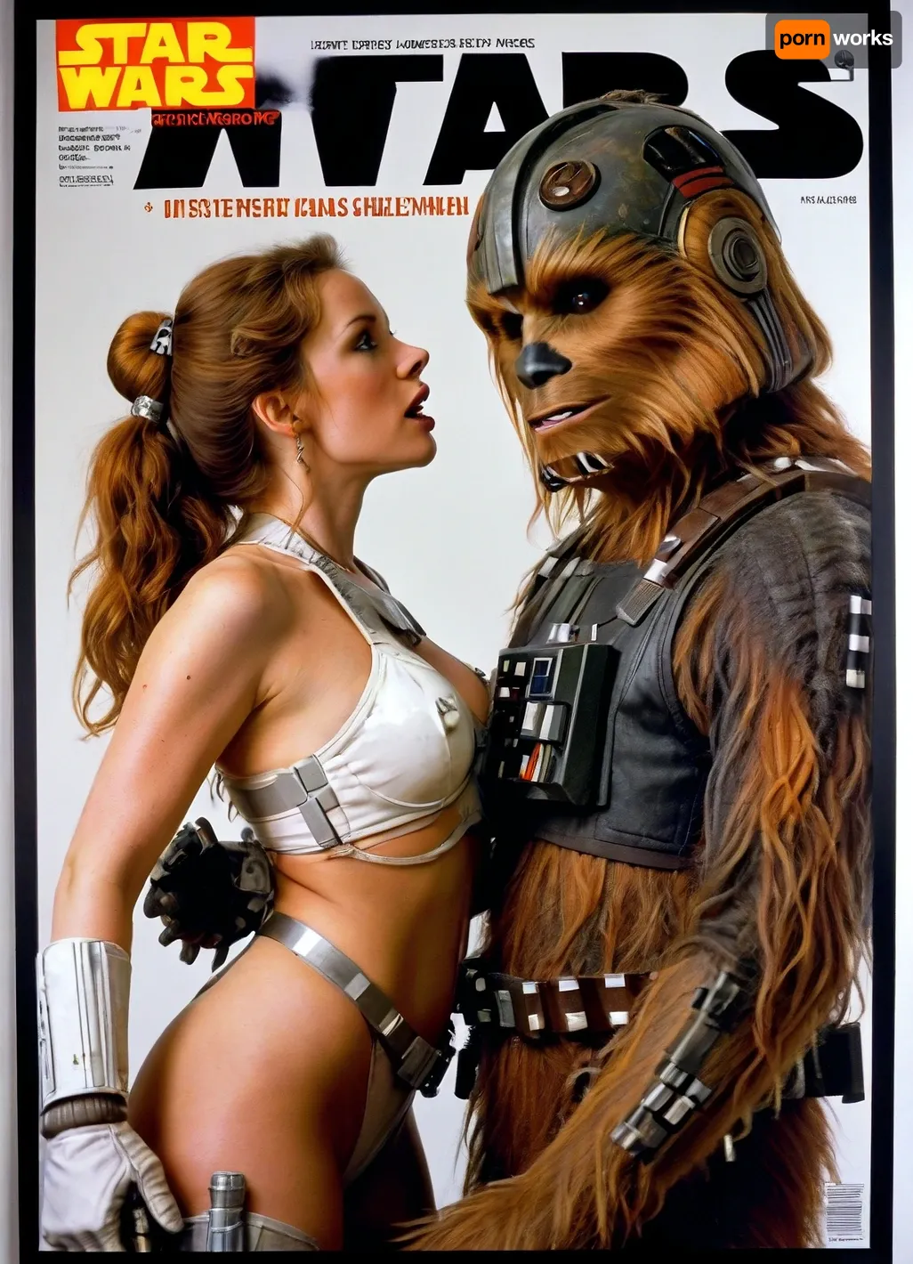 (Movie poster for a 1990s movie version of Star wars:1.4), Left side view, White background, woman is being penetrated by two Chewbacca, screaming, naked, anal sex, anal penetration, Jessica Rabbit, cum on body, cum on face, Chewbacca is behind, standing sex, <lora:MJ52:1.6>, wears, helmet, gloves, orange, and, white, spacesuit, <lora:StarWars1024:.8>