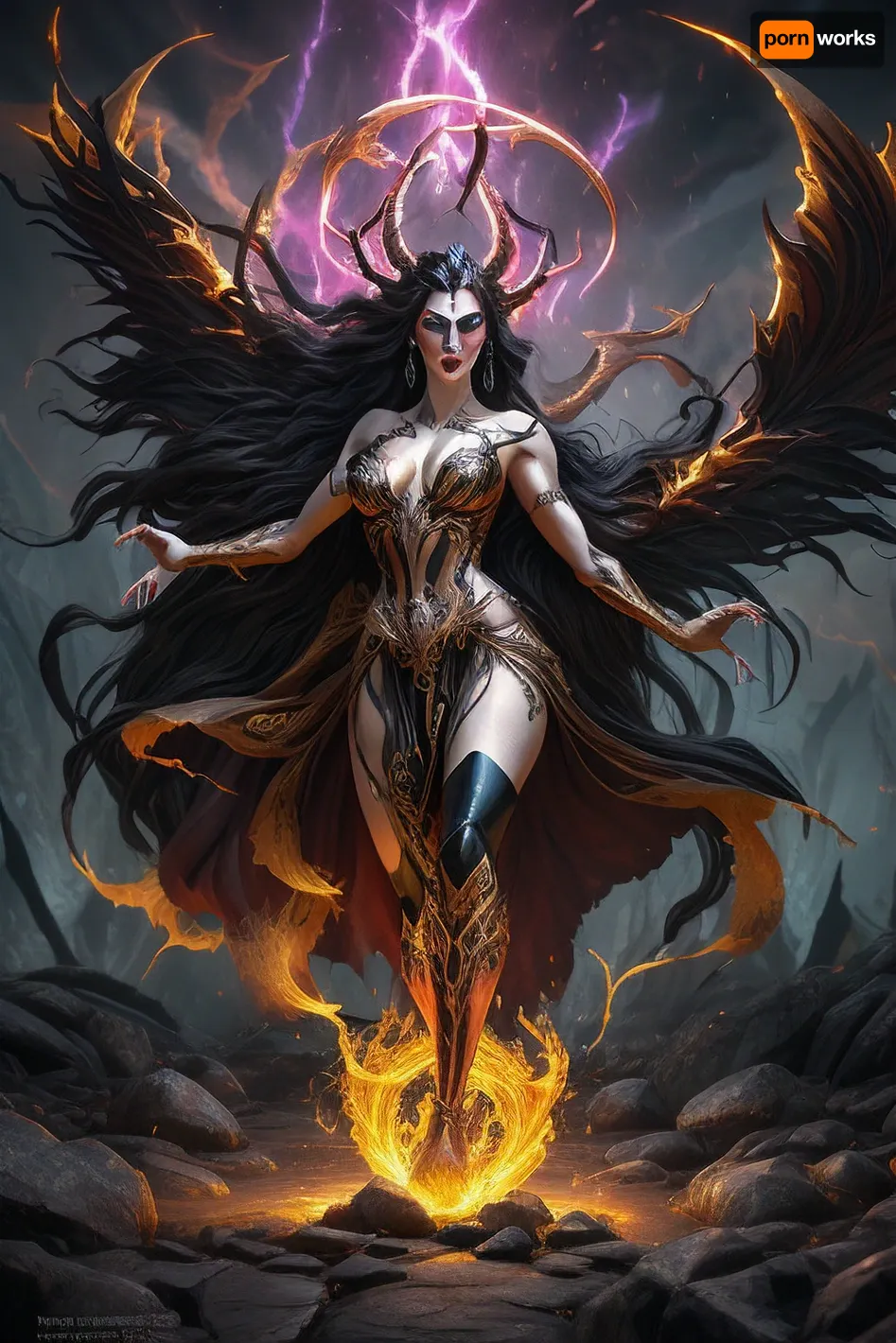 "A powerful and seductive Empusa stands at the center of an ancient ritual circle, surrounded by glowing magical runes etched into the stone ground, pulsing with crimson and violet energy. One leg is sculpted bronze, gleaming in the light, while the other is wild and demonic, covered in shadowy flame. Her eyes burn with unnatural light, and her long dark hair moves as if in waterless wind. Around her, the landscape glows with surreal energy – rocks levitate slightly, and the air shimmers with heat and magic. She wears a flowing, dark robe with molten gold embroidery, partially revealing her infernal form. The sky above is swirling with aurora-like patterns, casting eerie, colorful reflections on the terrain. The atmosphere is seductive, dangerous, and charged with dark enchantment. High-detail, cinematic lighting, dark fantasy realism, glowing magical environment