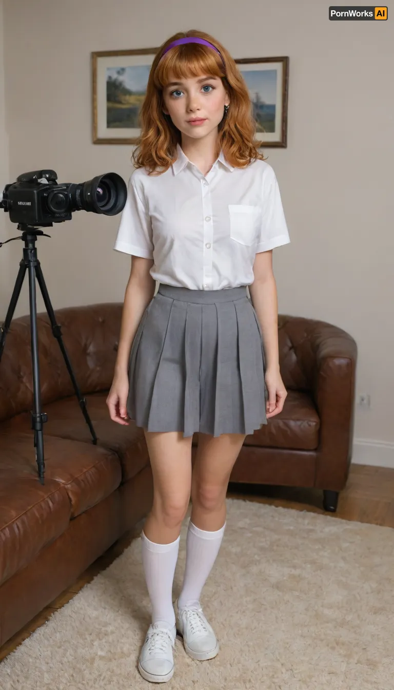 Daphne from scooby doo, daphne, orange hair, grey accordion skirt, white button up shirt, white thigh high socks, purple hairband, white sneakers, standing up, backroom casting couch, casting couch, looking at viewer, wide eyes, detailed face, nervous face, camera on tripod in the background