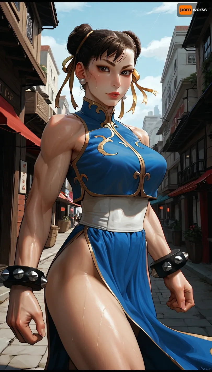 masterpiece, best quality, high resolution, hires, score_9, score_8_up, score_7_up, score_6_up, ((Chun_Li from Street Fighter)), incase, style, ratatatat74, solo, close up, medium breasts, (muscular body, thick thighs), sweat, eyes looking at viewer, detailed pupils, smirk, fighting pose, detailed, day, city street, <lora:287175_training_data:1.5>, <lora:ratatatat74-000050:1.3>