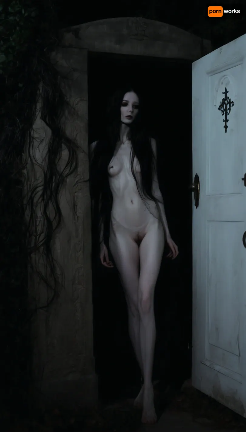 High contrast, supernatural ghost girl, 18 year old goth, black, very, very long hair, skinny, very slim body, shadow figure, (cemetery at night, tomb door is open), (pale, white skin:1.9), killer confidence, mascara, mysterious presence, haunting presence, very long legs, dangerous guest, deadly gaze, barefoot ghost girl, ((tattoos:1)), ((black pubic hair:1.6)), walking towards me, clawed hands, full body, looks menacing, horror, moonlight, outdoors, dark vision, airy figure