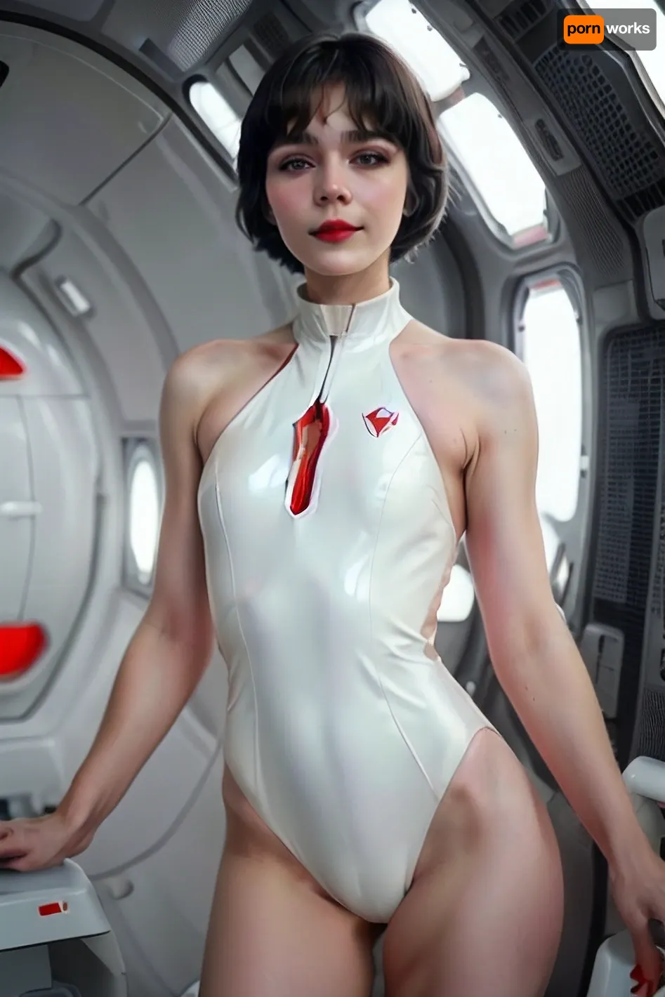 small russian girl, tiny, petite, skinny, pale skin, ((black hair, short bobcut hairstyle)), large wide open grey eyes, red puffy lips, enigmatic smile, very tight white latex jumpsuit with red inserts, hard protruding nipples, cameltoe, slender legs, in the interior of futuristic space station, cyberpunk, retrofuturism, (full-length image:1.3), AlSe, <lora:AlSeReal:.8>