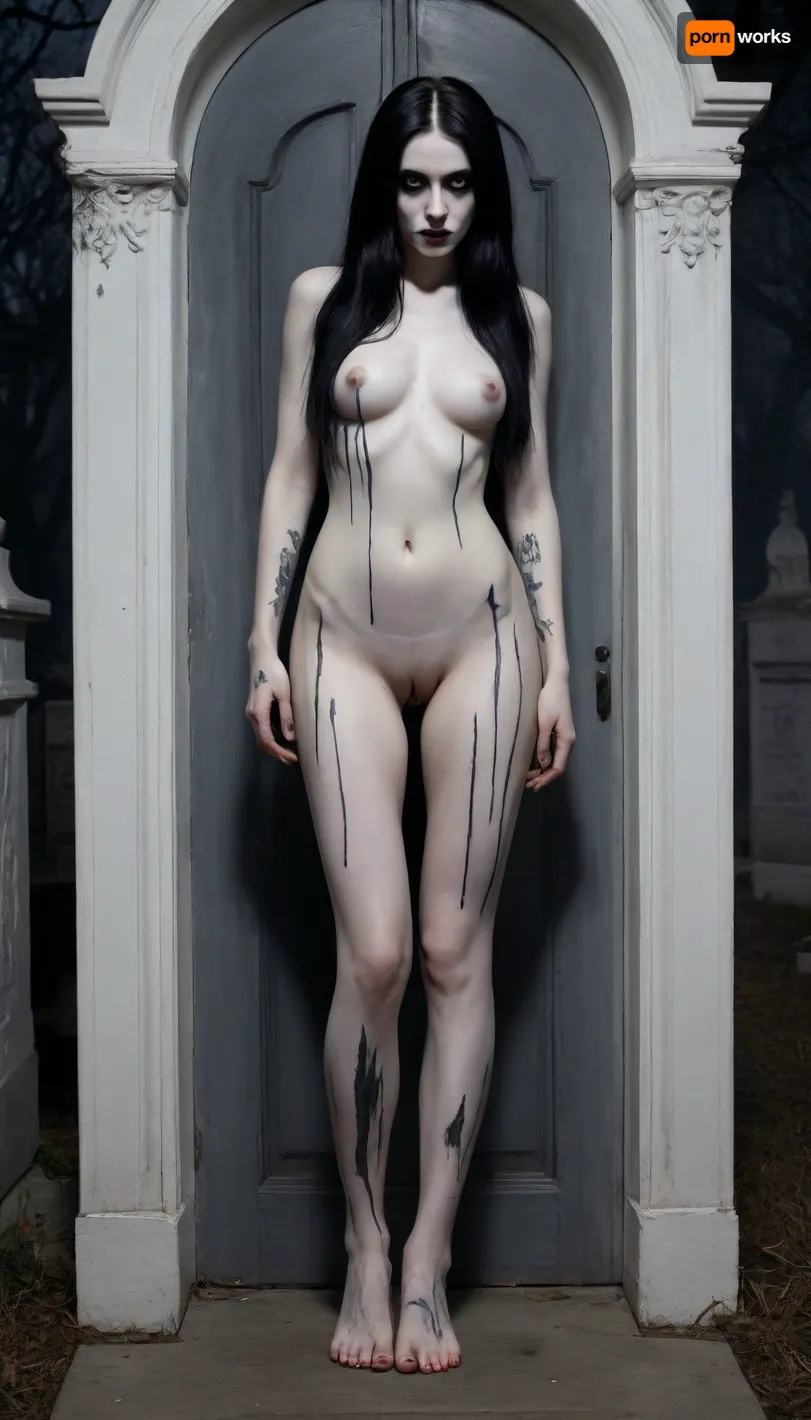 High contrast, Alternative, 18, goth, black very very long hair, cemetery at night, tomb doors are open, non-uniformity, shadow figure, super position, transformation, (skin painted pale white:1.6), seductive, imposing, killer's confidence, troll tail, bathing in tears, mascara, mysterious presence, haunting presence, stunning long legs, dangerous visitor, burning eyes, ghost girl, barefoot, (black half hands, black half legs), black tattoo, black pubic hair