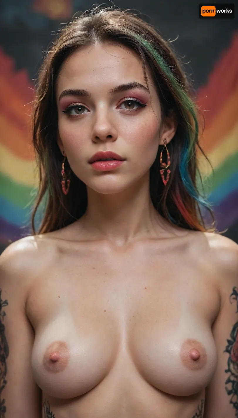 adult woman with pretty face, tattooed on her face cheeks, (demonic incubus in rainbow mountain)