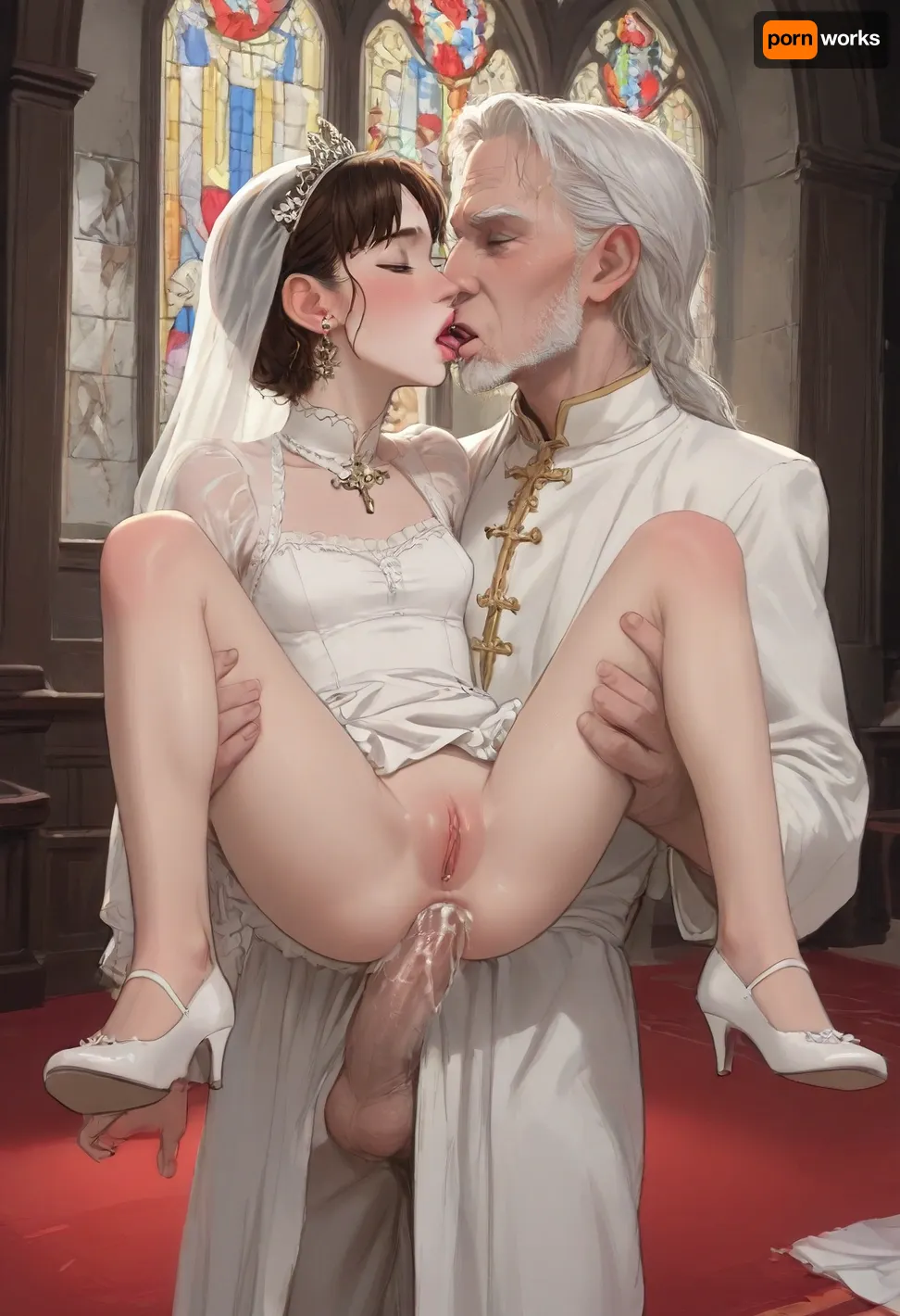 (bride cheating on husband with priest), old priest suspending young bride by her legs while fucking her asshole, standing anal sex, spreading her legs, suspending petite young girl by her legs, reverse suspended congress position, detailed anal penetration, they're french kissing during anal sex, anal creampie, in crowded church, incase, style, <lora:ratatatat74-000050:.9>, <lora:outline_xl_kohaku_delta_spv5x:.5>, <lora:cartoon_stickers_xl_v1:.6>, <lora:NEOTOKIOXL_0.2_RC:.4>, <lora:lora-sdxl-perfect-eyes:.5>