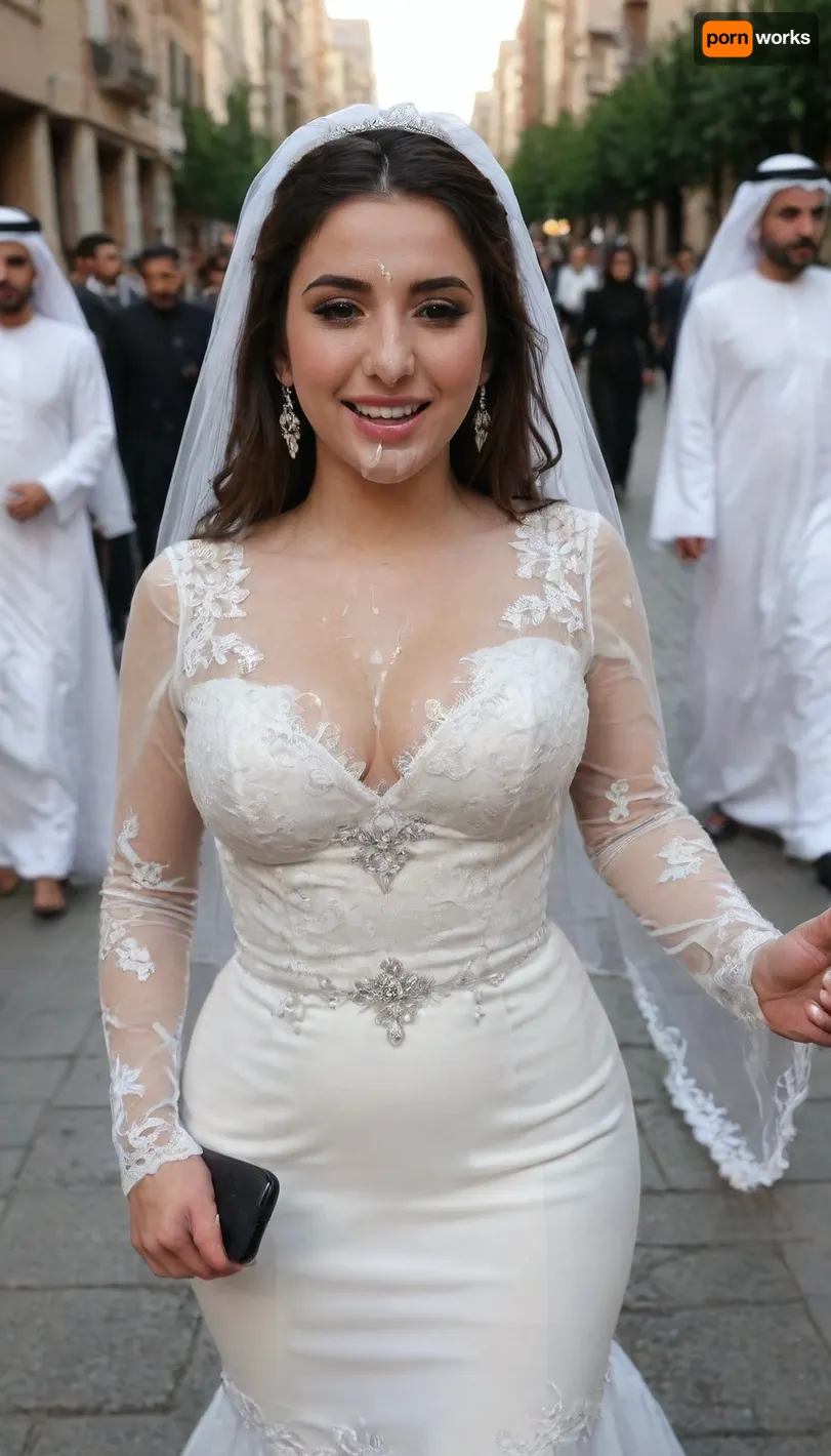 Awesome Iranian curvy 20 years old Bride in elegant and luxury wedding dress walking in the city with face covered in cum, heavy facial cum, cum on face, cumwalk, making a selfie, high heels, long hair, black hair, smartphone, holding phone, selfie, woman, facial, cum, on, face, breasts, stomach, In Tehran Street, shame, many arab man behind the bride walking and laughing. walk of shame, covered, in, perfect, <lora:JustCum:1>, <lora:Facials:.5>, <lora:1122530_training_data:.8>