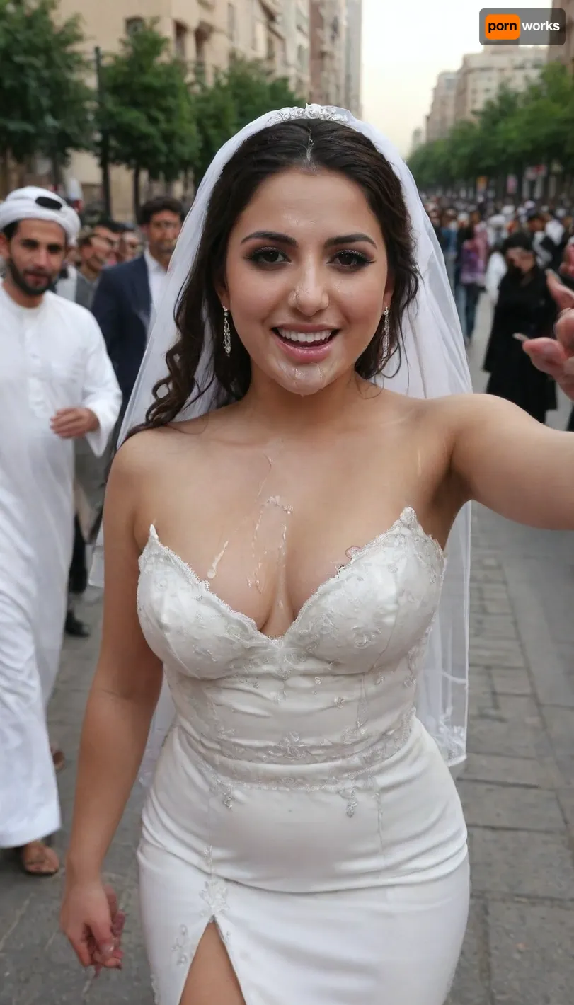 Awesome Iranian curvy 20 years old Bride in elegant and luxury wedding dress walking in the city with face covered in cum, heavy facial cum, cum on face, cumwalk, making a selfie, high heels, long hair, black hair, smartphone, holding phone, selfie, woman, facial, cum, on, face, breasts, stomach, In Tehran Street, shame, many arab man behind the bride point the bride with hands and laughing. walk of shame, covered, in, perfect, <lora:JustCum:1>, <lora:Facials:.5>, <lora:1122530_training_data:.8>, <lora:639536_training_data:.8>