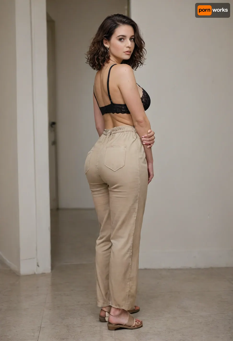 One brunette porn model. Massive boobs visible out, round ass. Linen short jumpsuit with lace-up neckline, Beige linen jumpsuit with lace-up neckline, black lace bra, beige flat sandals, beige leather necklace.