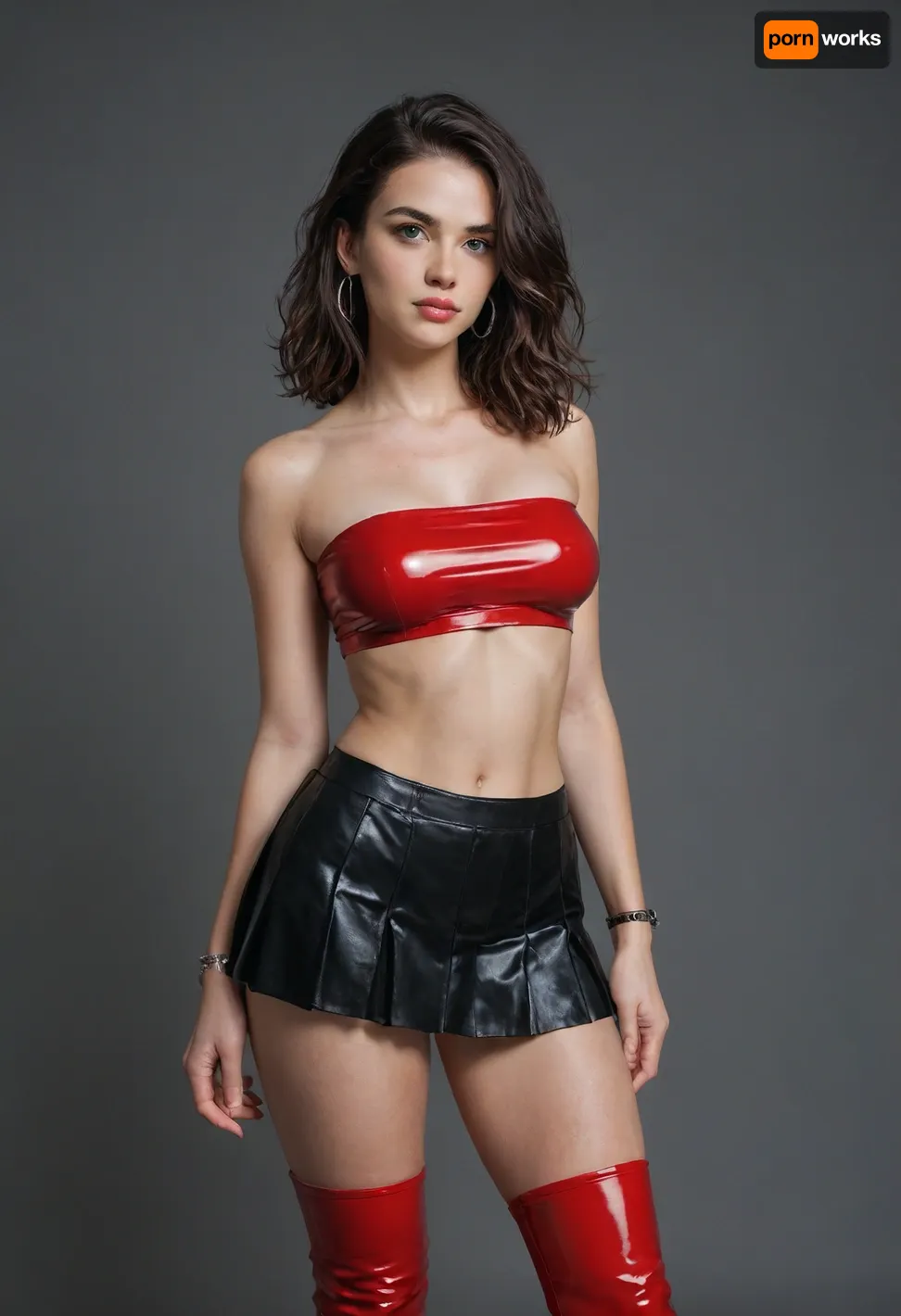 One brunette Instagram model. Massive boobs. Latex bandeau top and ultra-short pleated skirt, Red latex bandeau top, black pleated skirt, black vinyl thigh-high boots, steel bracelet.