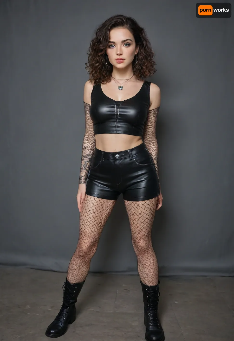One brunette Instagram model. Big boobs. Open fishnet bodysuit and vinyl shorts, Open black fishnet bodysuit, black vinyl shorts, mid-calf leather boots, black leather necklace.