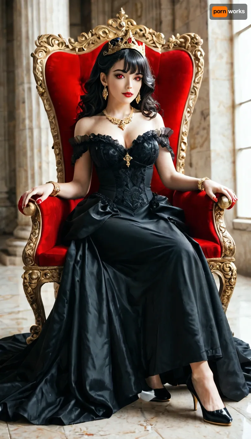 gold fleur delise earrings and necklace, wavy black hair with bangs, big irises, vampire queen, red eyes, large jeweled crown, black royal gown, sitting on throne, full body view, gold bracelets, gold royal heels