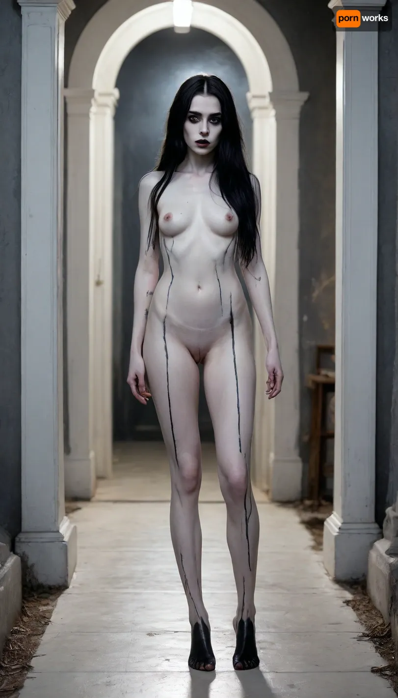 High contrast, supernatural ghost girl, alternative, 18yo goth, black very very long hair, skinny, wide hips, cemetery at night, tomb doors are open, non-uniformity, shadow figure, super position, transformation, (skin painted pale white:1.7), seductive, imposing, killer's confidence, troll tail, bathing in tears, mascara, mysterious presence, haunting presence, stunning long legs, dangerous visitor, burning eyes, ghost girl, barefoot, (black half hands, black half legs), (black tattoo), (black pubic hair, haired pussy), incoming