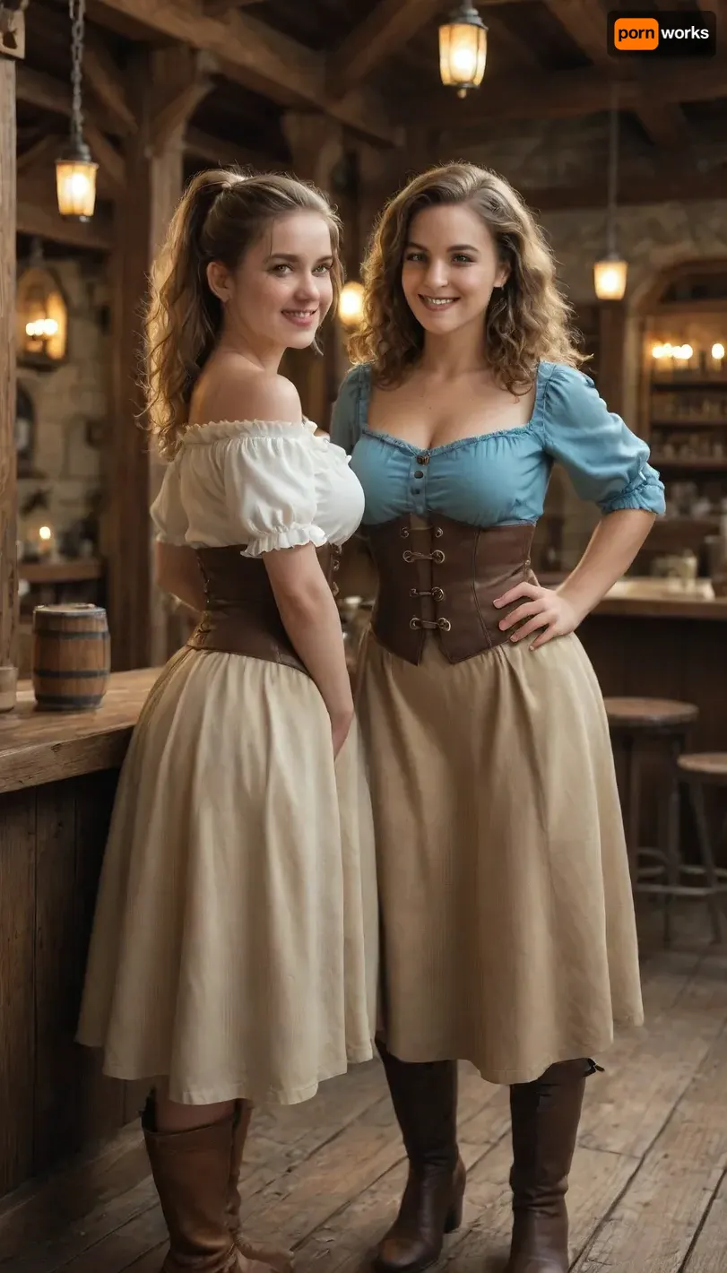 Inside a cozy, bustling medieval tavern, lit warmly by hanging lanterns, a cheerful white woman with blonde hair tied in a ponytail and sparkling blue eyes tends the bar. She wears a blue top tucked into a tan skirt, cinched with a brown leather corset and belt, and brown boots. She is chubby, smiling brightly, and her face is detailed with soft, warm features. Beside her, another equally cheerful woman bartends, white with chestnut brown wavy hair down to her shoulders, green eyes, a freckled face, and an athletic build. She wears a cream blouse, dark green corset, brown trousers, and black boots. Both women laugh and serve drinks behind a rustic wooden bar lined with mugs and barrels. The tavern is lively, filled with the sounds of chatter and clinking glasses. Highly detailed, vibrant colors, fantasy concept art style, cinematic lighting
