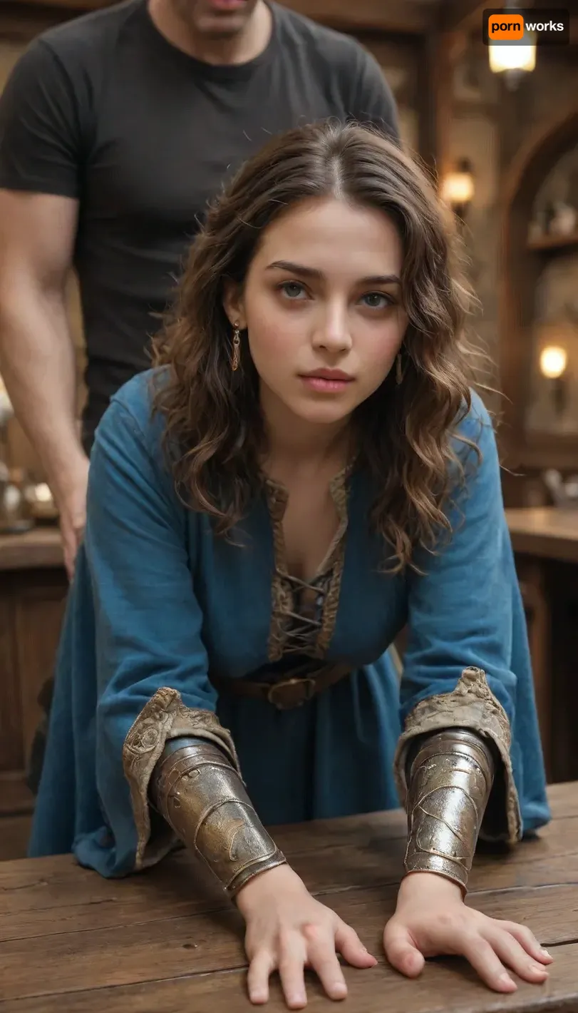 fantasy female sorcerer, red wavy hair, yuan-ti human, scales on face, wearing a blue hooded cloak with gold trim, leather belt, medieval dress, in a medieval tavern, detailed face, drawn style, bent over a table, fucked from behind, bent over