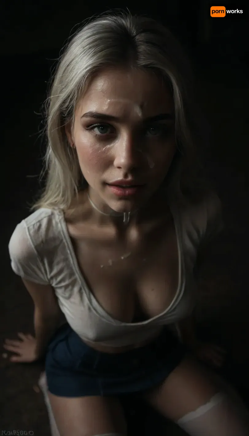 (score_7_up, score_8_up, score_9, 1girl, solo, masterpiece), (overhead view), view from above, on knees, focus on face, (skindentation:1.1), sultry, seductive, seducing, alluring, intimate, sexual, horny, ((long white hair)), (blue micro skirt), 18yo girl, (athletic skin body), (narrow waist:1.4), ((hip gap)), insatiable, lustful, erotica, irresistible, ziprealism, sideboob white work-shirt, white choker, opened mouth, white stockings, (white wet g-strings), blue eyes, cleavage, tongue pulled out, smiling, (cum on face:1.5), ruined make-up, tears, ample cleavage, (black background, chiaroscuro lighting:1), <lora:sunnyrayyxo_v1_SDXLBase:.4>, <lora:dark:.6>