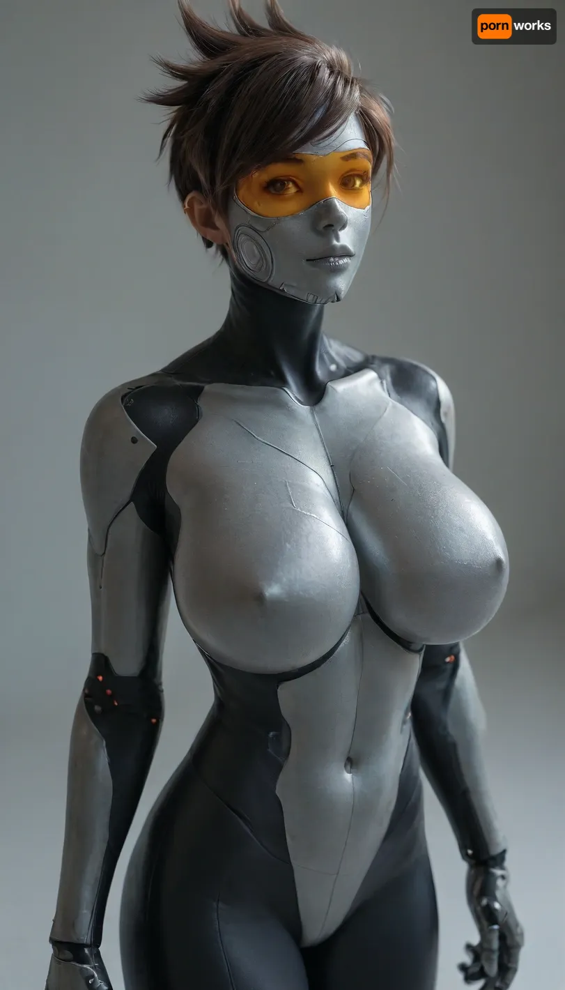 (Super slutty robotic tracer), (((perfect robotic hourglass body))), (((robotic hair))), (((((robotic face))))), (((super detailed gigantic round robotic breasts))), (((((robotic fullbody))))), full body, score_9_up, score_8_up, score_7_up, <lora:SDXLHighDetail_v6-000005:1.5>