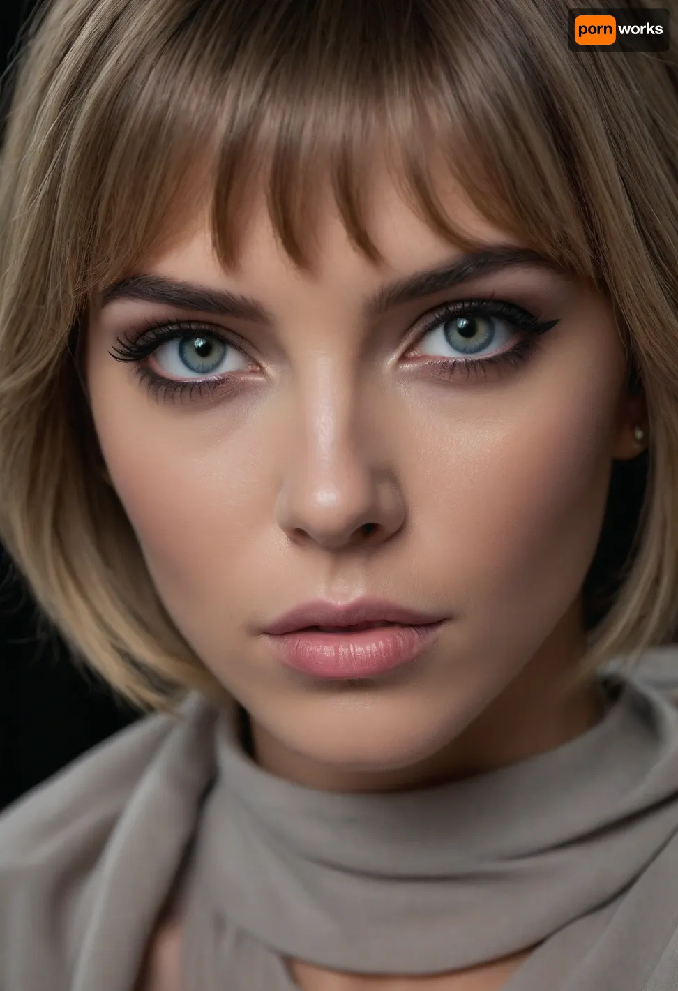 ziprealism, (masterpiece, best quality, award-winning:1.1), (avant-garde makeup advertisement, commercial poster:1.4), (dominant woman, strong features:1.5), (sense of intimacy:1.4), (breathtaking woman's face, sharp focus, focus on eyes, professional headshot:1.5), (seductive expression:1.3), (intricate eye details:1.6), (pale grey eyes, captivating eyes, perfect eyes:1.6), (long thick eyelashes:1.5), (perfectly applied eyeliner:1.4), (voluminous short cut hair, ash blonde hair with dark highlights, stylish textured hair cut, loose strands of hair, curtain bangs:1.4), (shallow depth of field:1.6), (softly blurred background:1.3), professional color grading, (natural skin texture:1.6), (realistic skin details:1.5), subtle skin imperfections, (intricately detailed hair:1.5), (expressive detailed eyes:1.6), (limbal rings:1.5), (detailed iris texture:1.5), (natural hair texture:1.4), (realistic eye texture:1.5), subtle vellus hairs