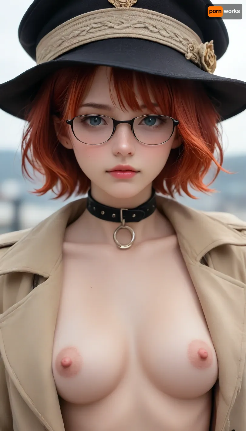attractive young topless woman dressed in black hat and coat posing for photo, solo, 1girl, hat, glasses, looking at viewer, short hair, fire red hair, Collar, medium tits