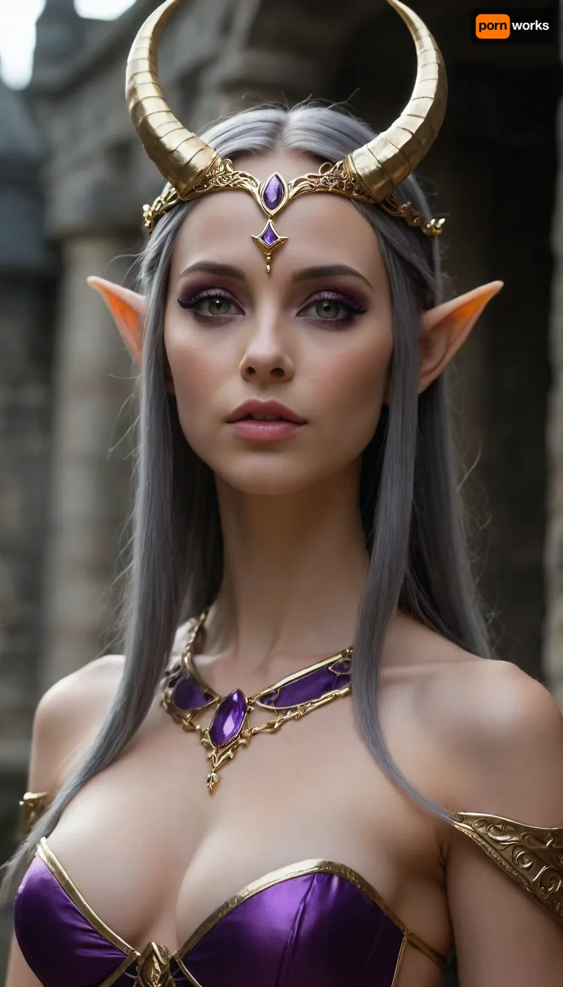 1 extremely sexy elf woman queen, golden elven crown with 2 horns, nose chain, wide angle, side view, pale skin, large full beautiful lips, extremely small cute face, hair covering one eye, black hair, perfect long flat hair, extremely straight hair, gold trimmed elegant black armor with purple accents, partially nude, very long thick eyelashes, light white eyes, extremely cute petite body, cute small breasts, tint erect nipples, tiny areolas, small waist, cute bubble butt, extremely thin muscular thighs, extremely perfect big eyes, perfect face, 8k, elegant grey elven castle at